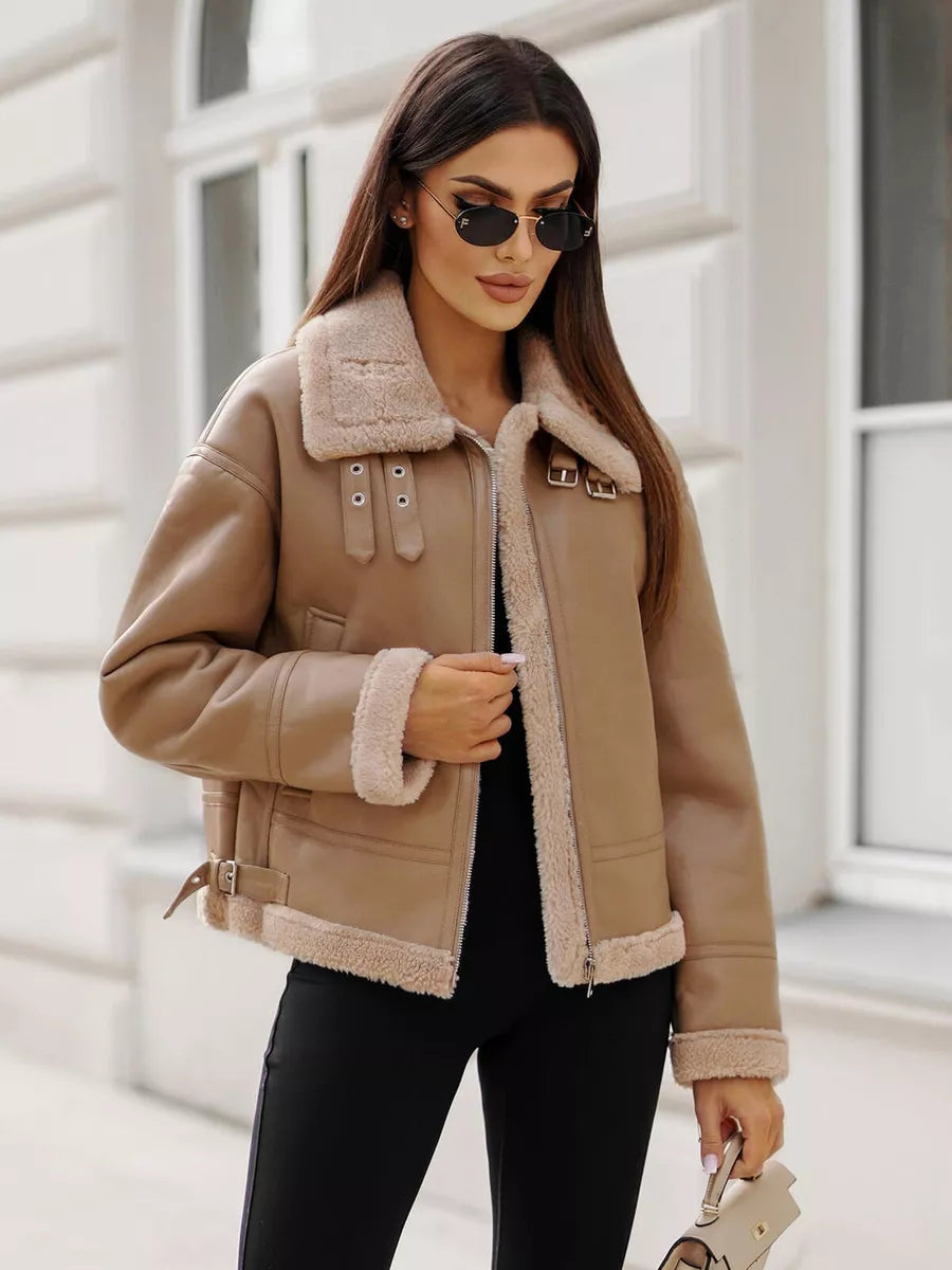 Women's brown leather jacket with fur Maria