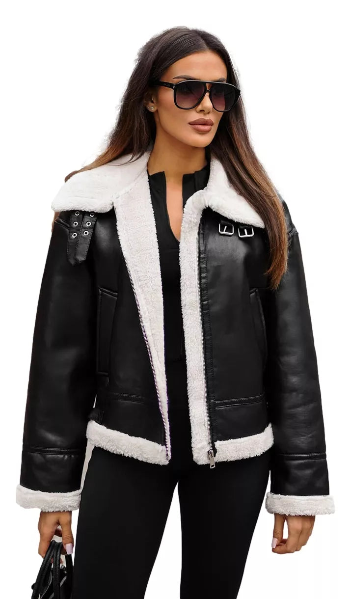 Women's black leather jacket with white fur Maria