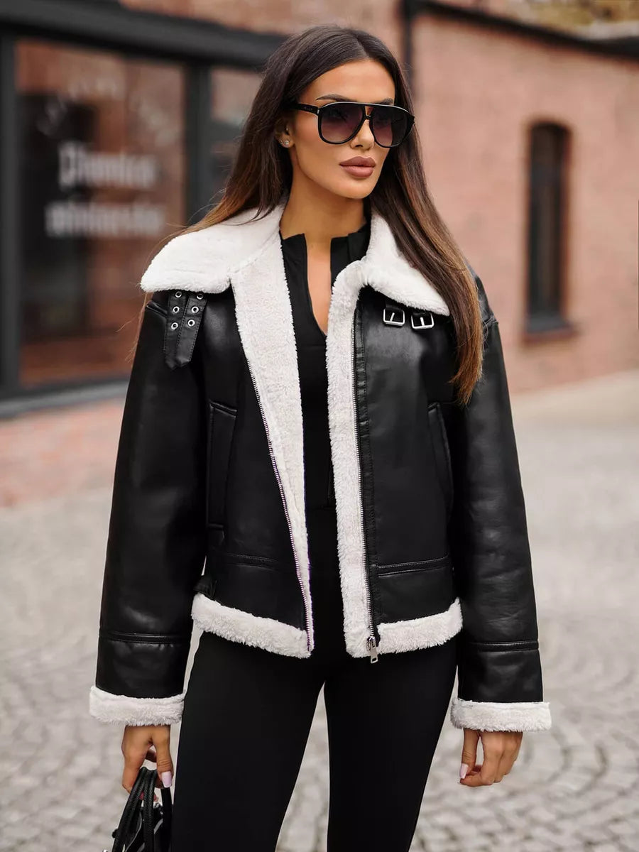 Women's black leather jacket with white fur Maria
