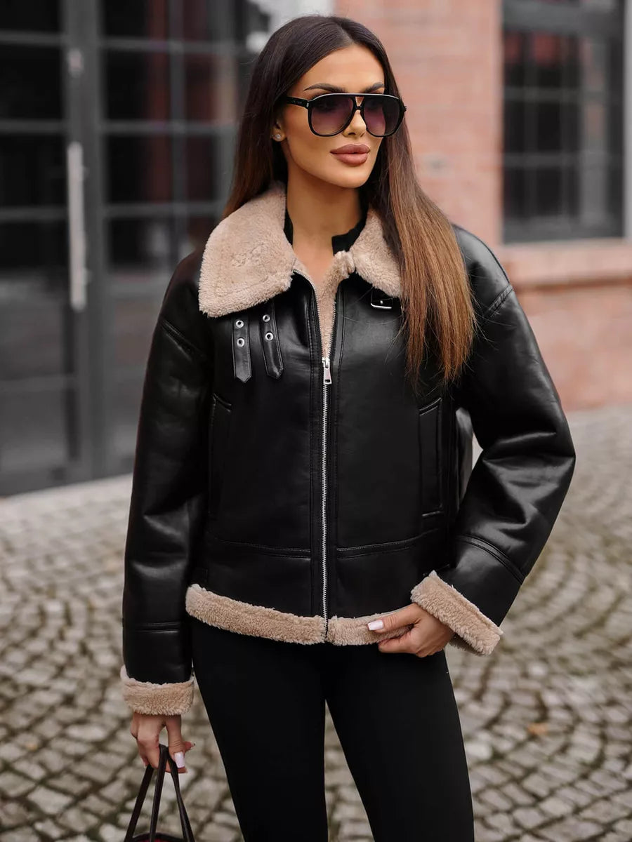 Women's black leather jacket with brown fur Maria