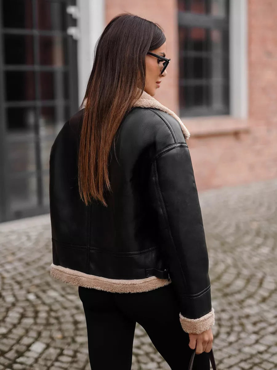 Women's black leather jacket with brown fur Maria