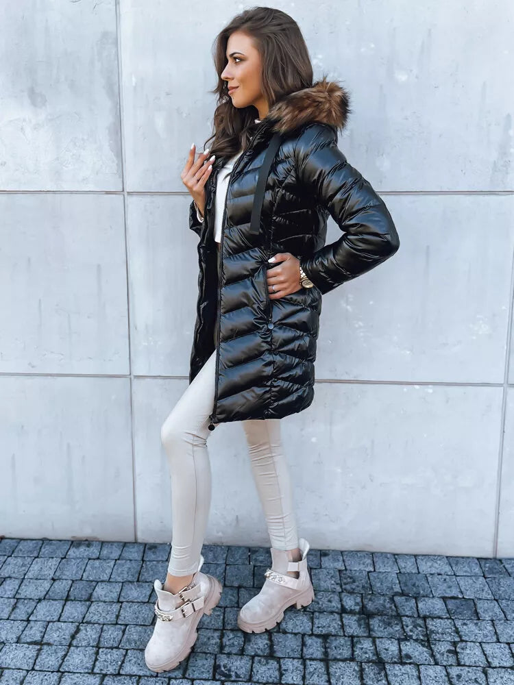 Women's quilted black jacket with brown fur Crystal