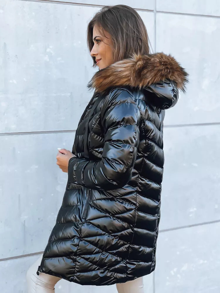 Women's quilted black jacket with brown fur Crystal