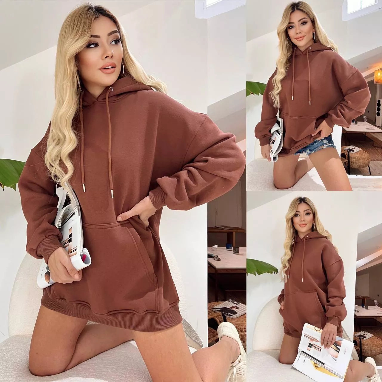 Women's dark brown tunic with hood Narol