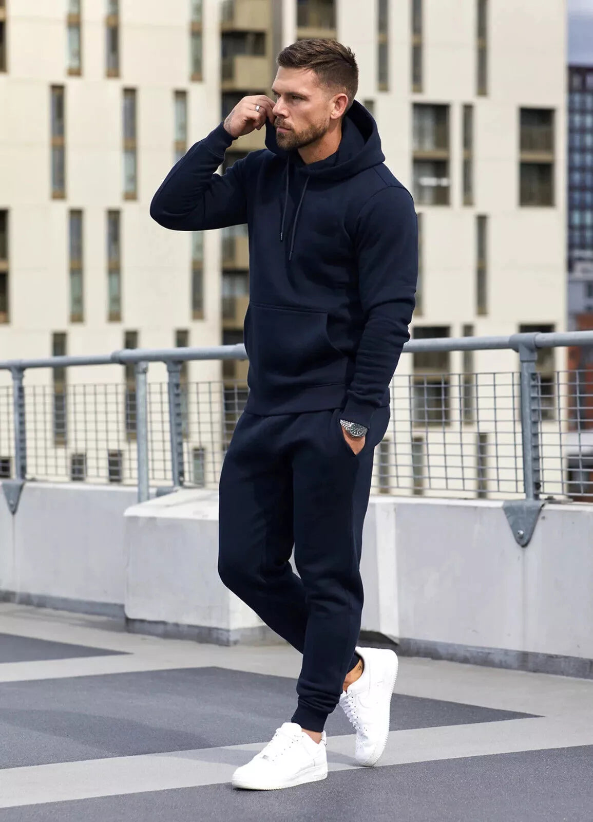 Dark blue hooded tracksuit for men Take