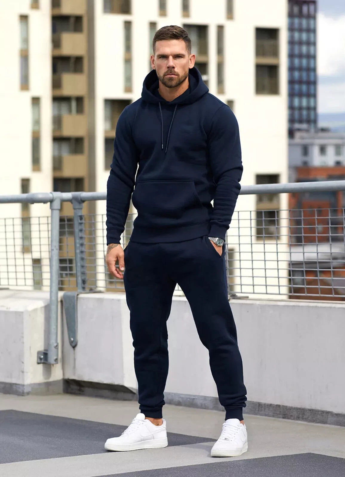 Dark blue hooded tracksuit for men Take