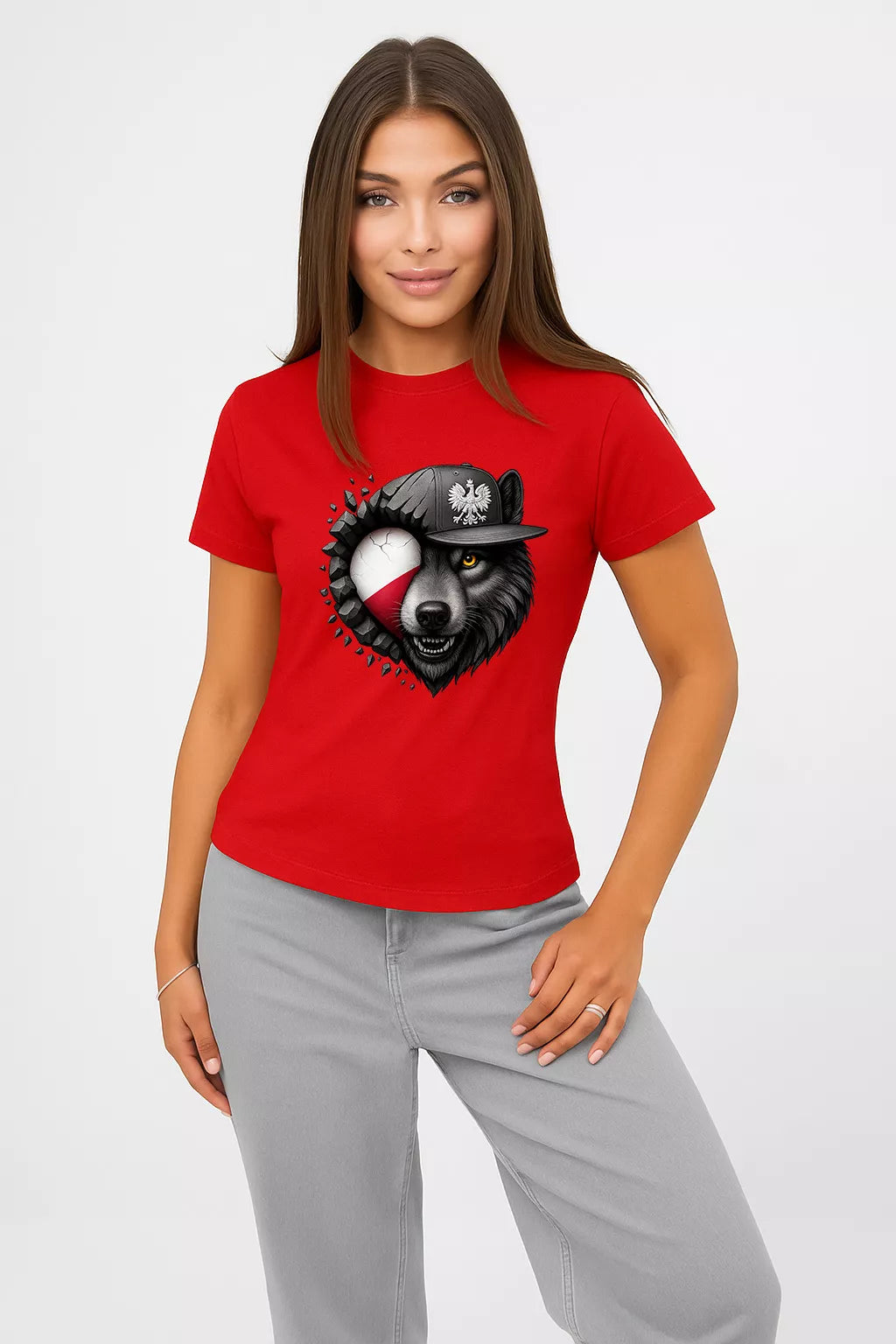 Women's red T-shirt Poland wolf