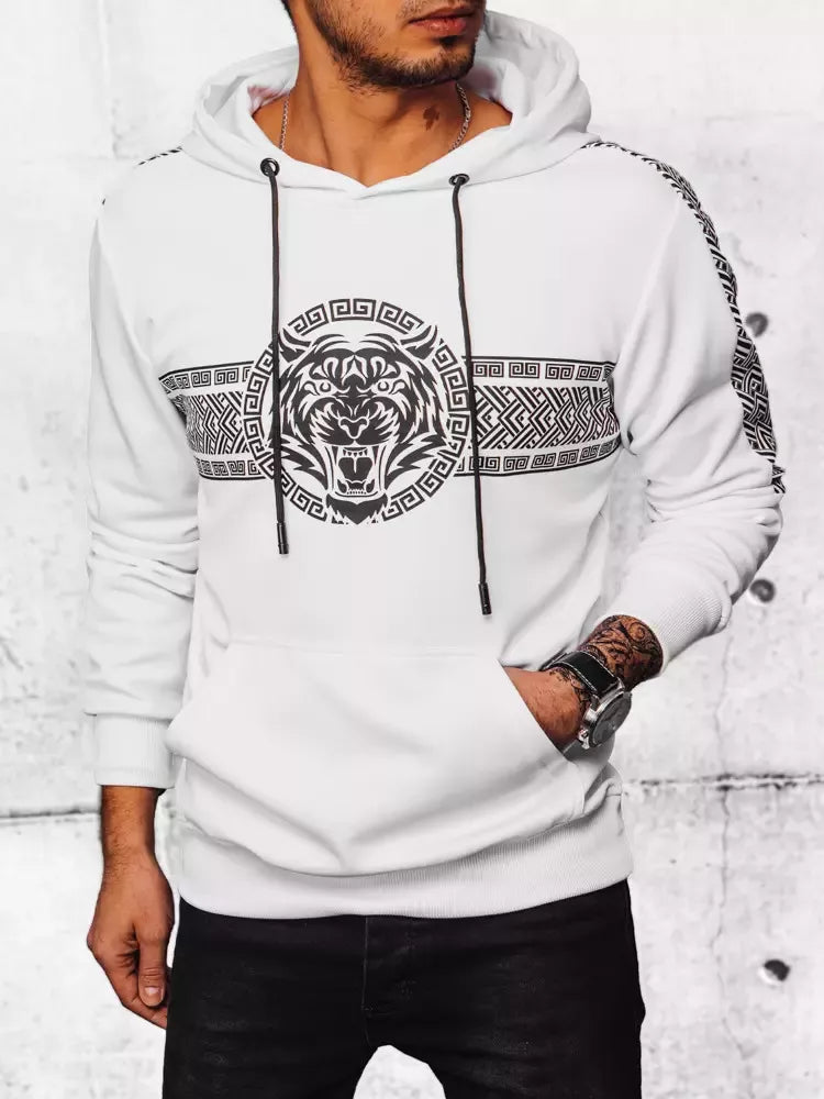 Men's white sweatshirt with a hood and a Slik pattern 