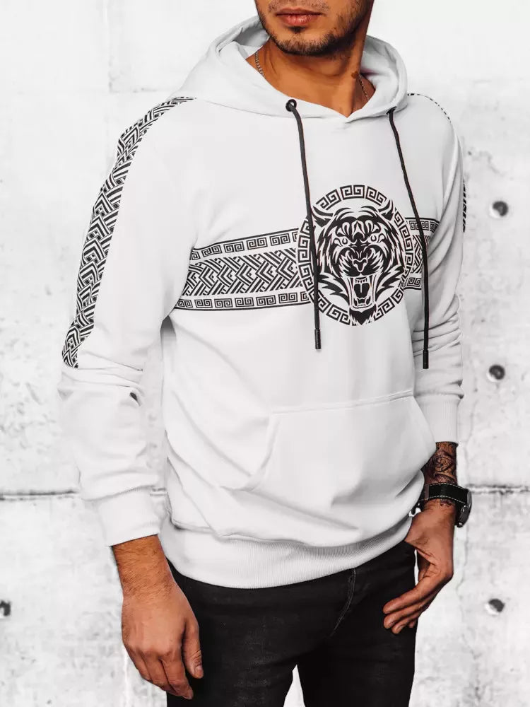 Men's white sweatshirt with a hood and a Slik pattern 