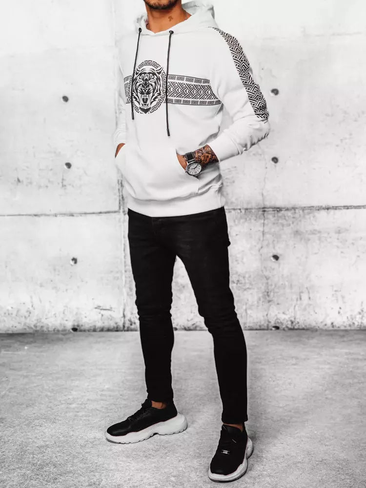 Men's white sweatshirt with a hood and a Slik pattern 