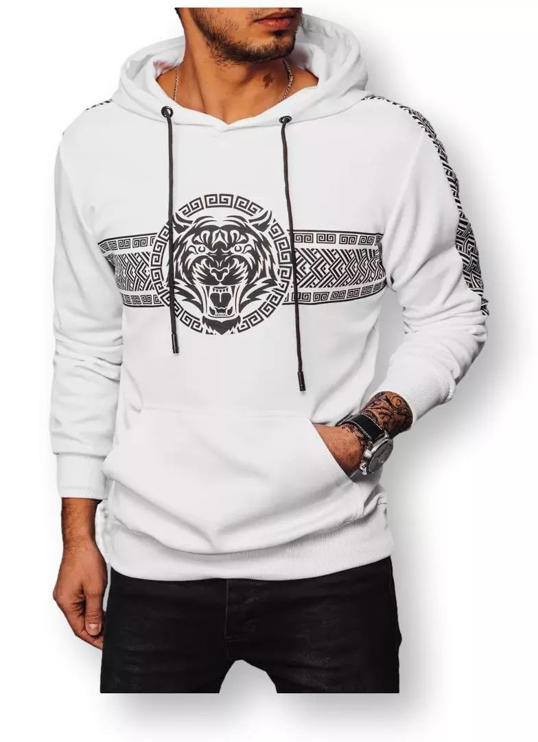 Men's white sweatshirt with a hood and a Slik pattern 