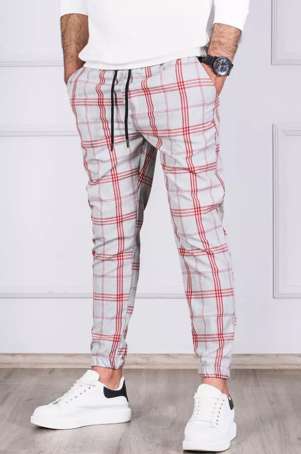 Men's light gray pants with red stripes Merlot