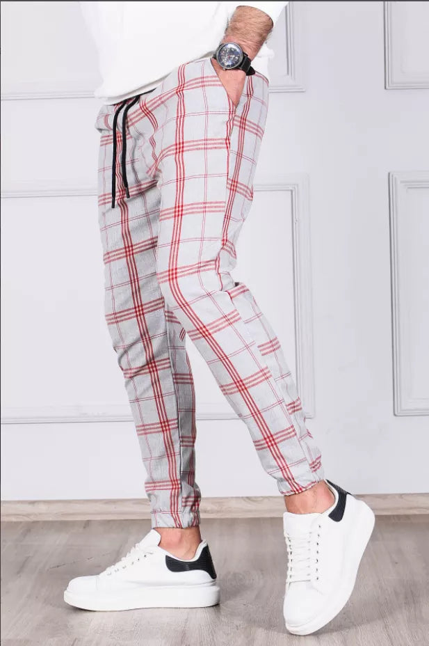 Men's light gray pants with red stripes Merlot