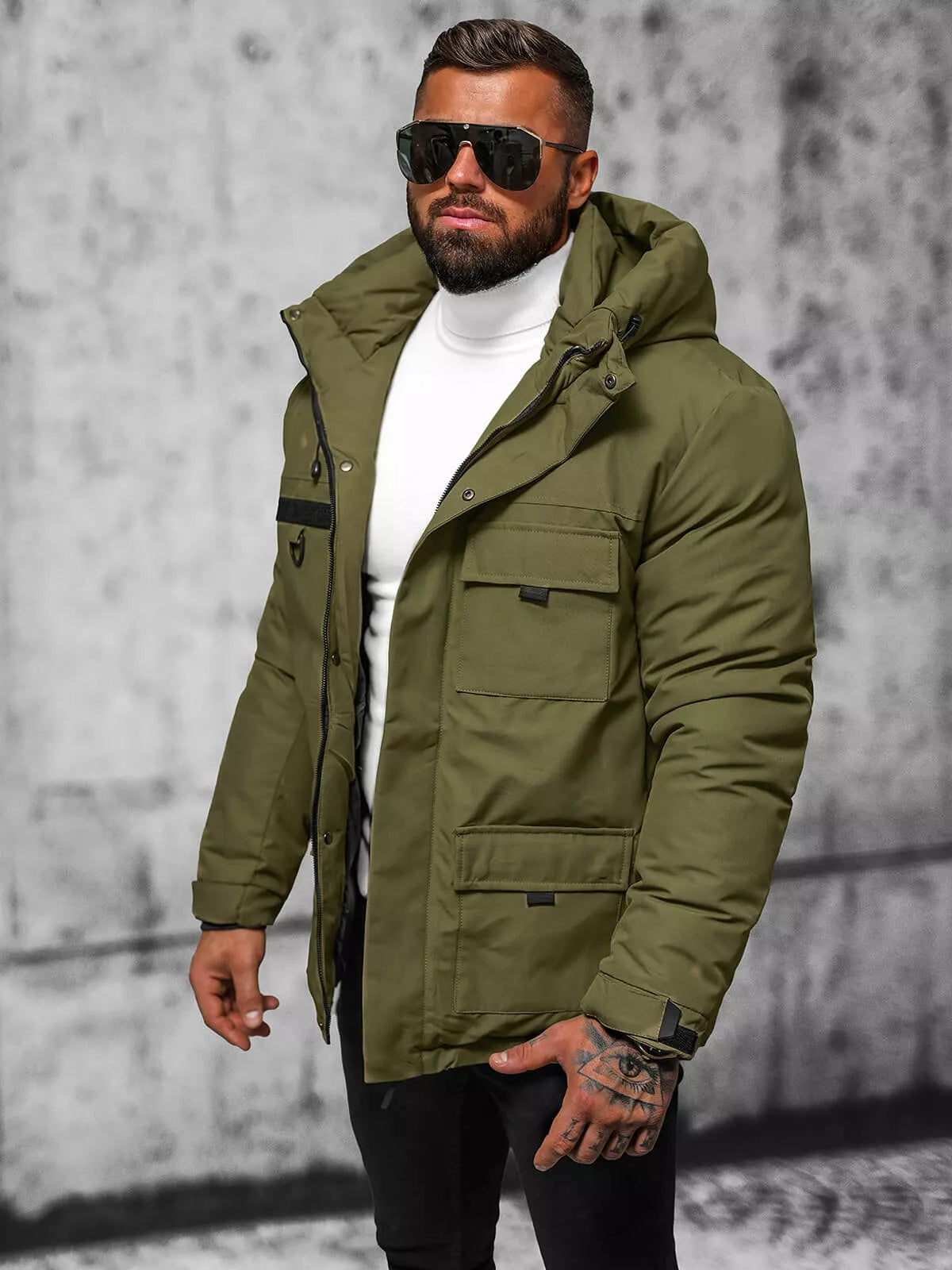 Khaki men's jacket with hood Winter