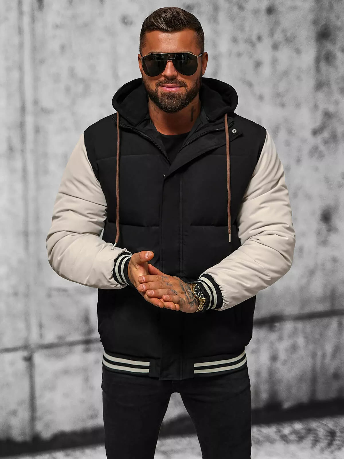 Black men's jacket with brown sleeves Ecru