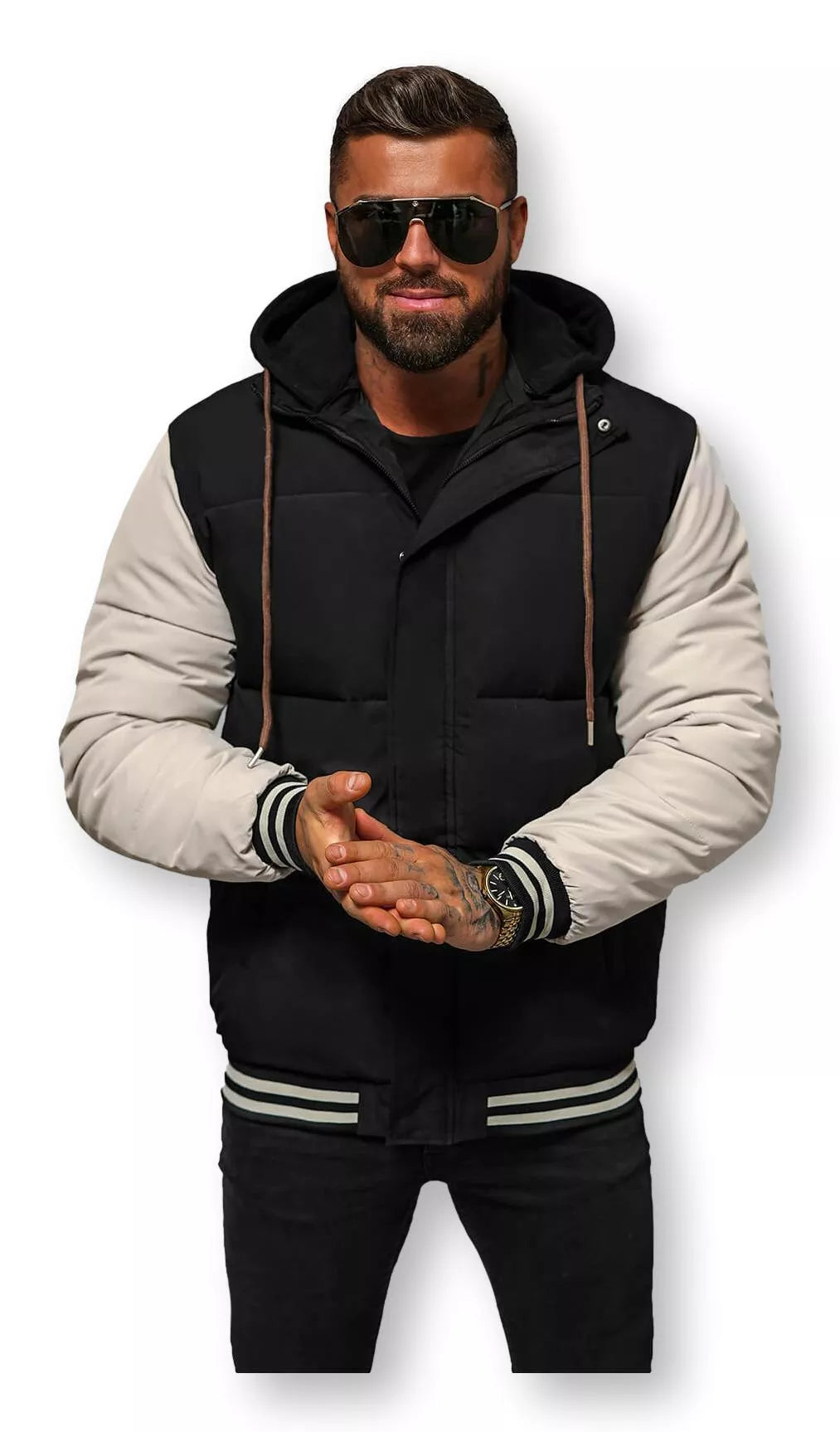 Black men's jacket with brown sleeves Ecru