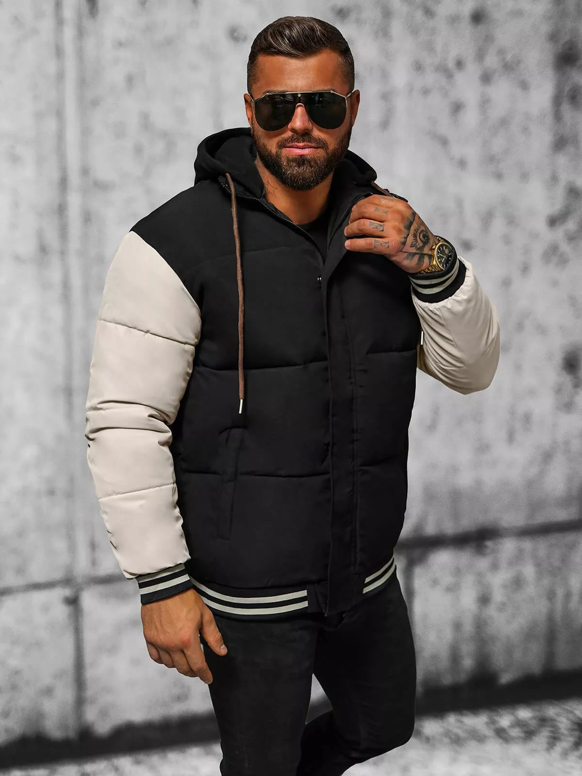 Black men's jacket with brown sleeves Ecru