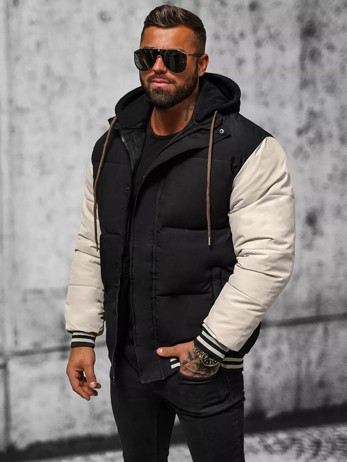 Black men's jacket with brown sleeves Ecru