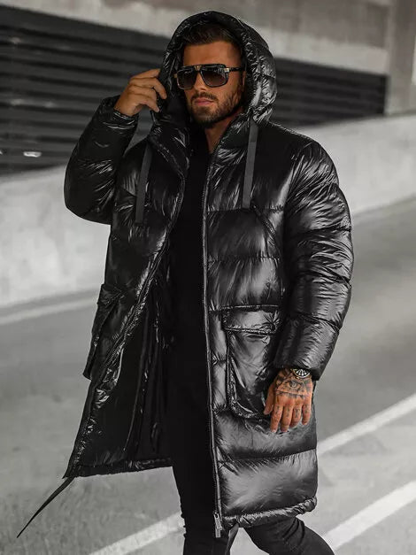 Black shiny men's jacket with hood Monakko