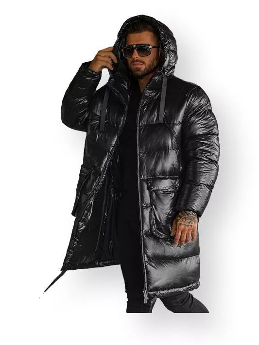Black shiny men's jacket with hood Monakko