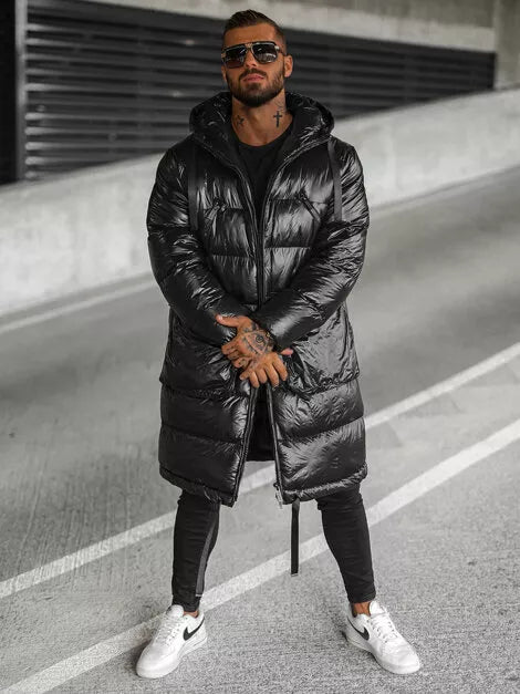 Black shiny men's jacket with hood Monakko