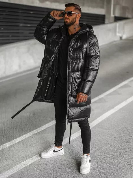 Black shiny men's jacket with hood Monakko