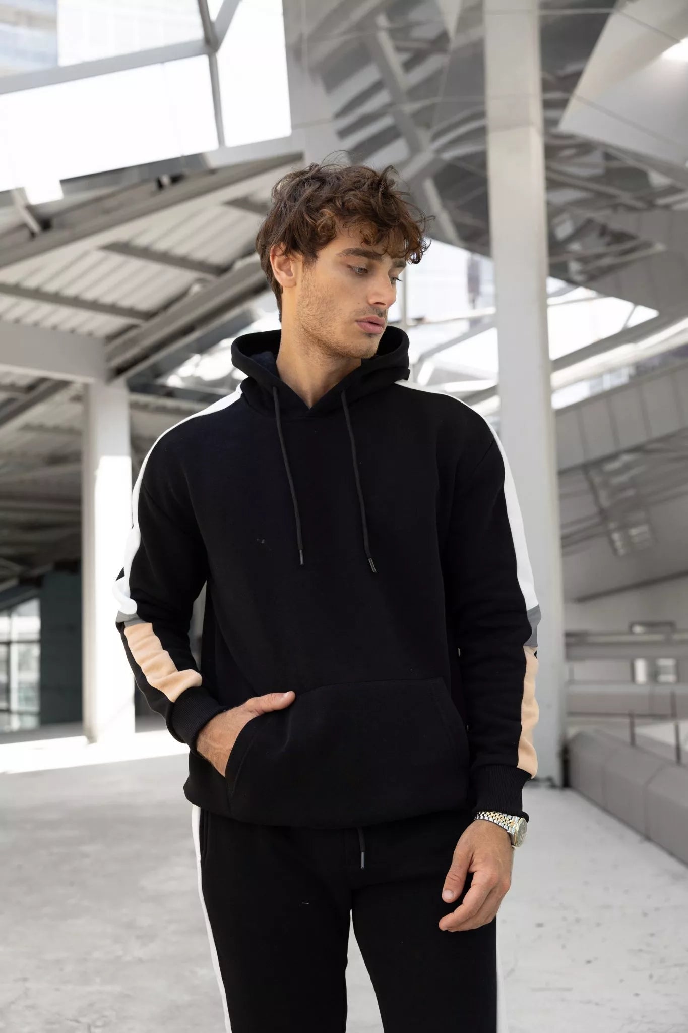 Men's black suit with white stripe Core