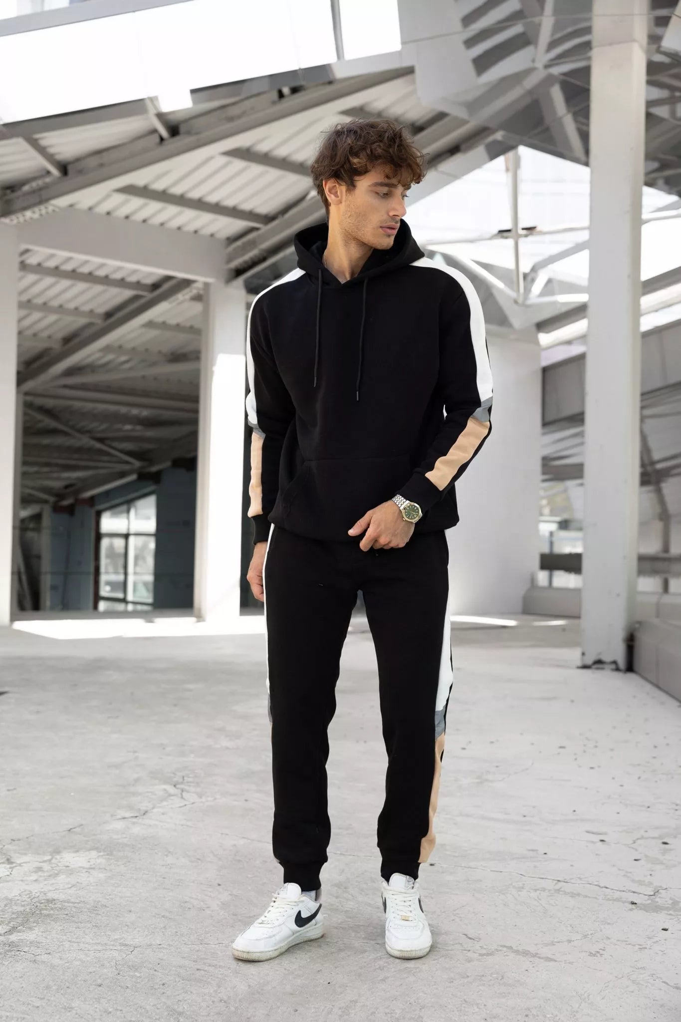 Men's black suit with white stripe Core