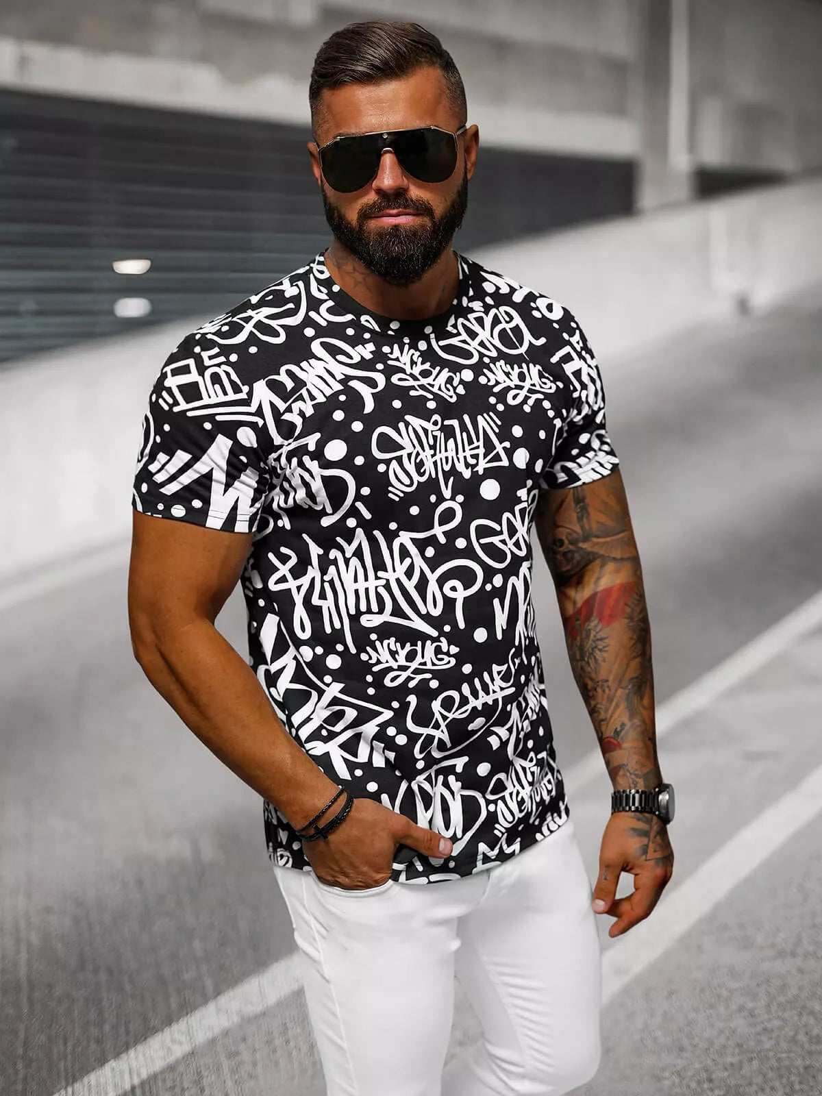 Men's black T-shirt with patterns Ginger