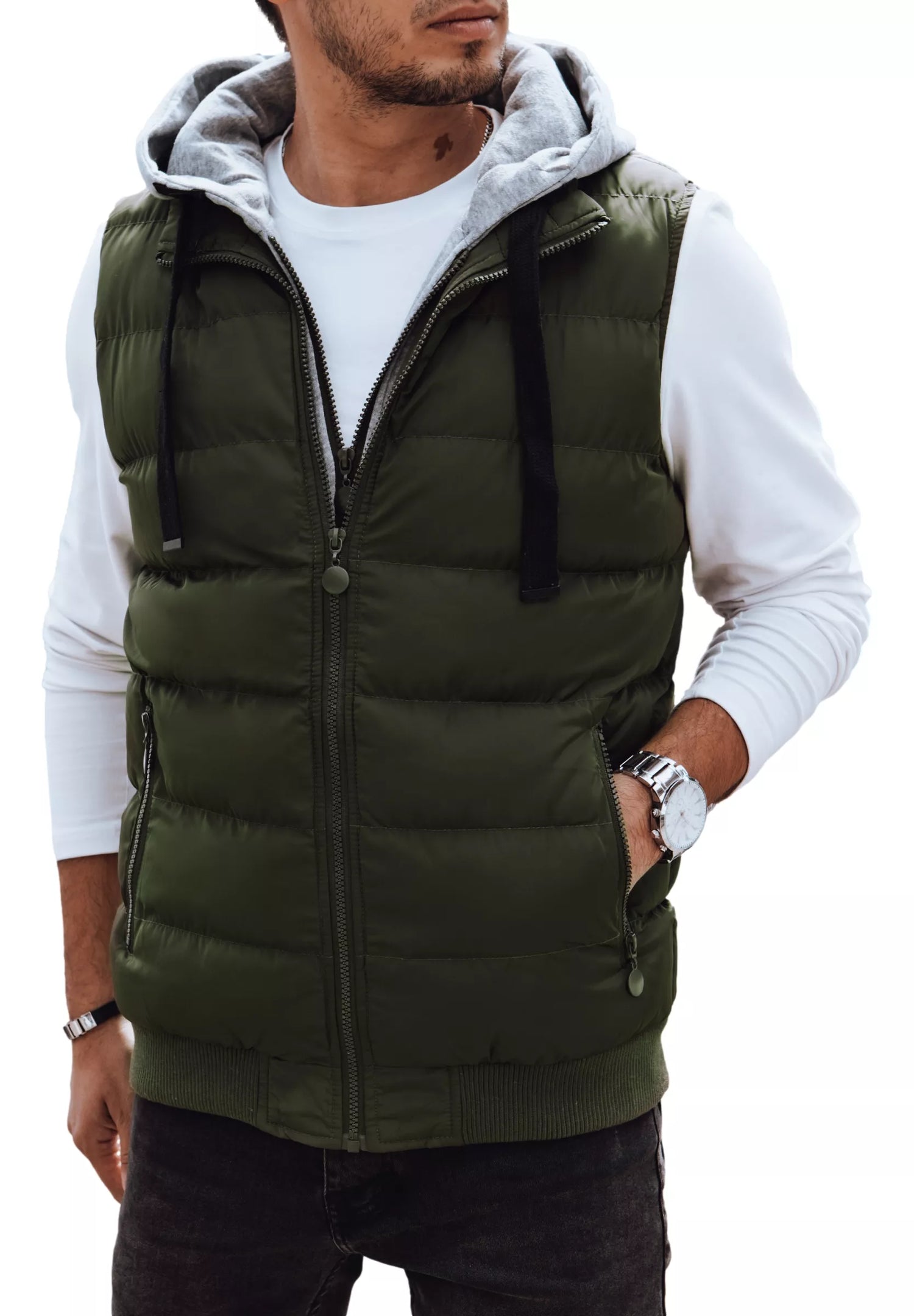 Men's quilted green hooded vest Tori