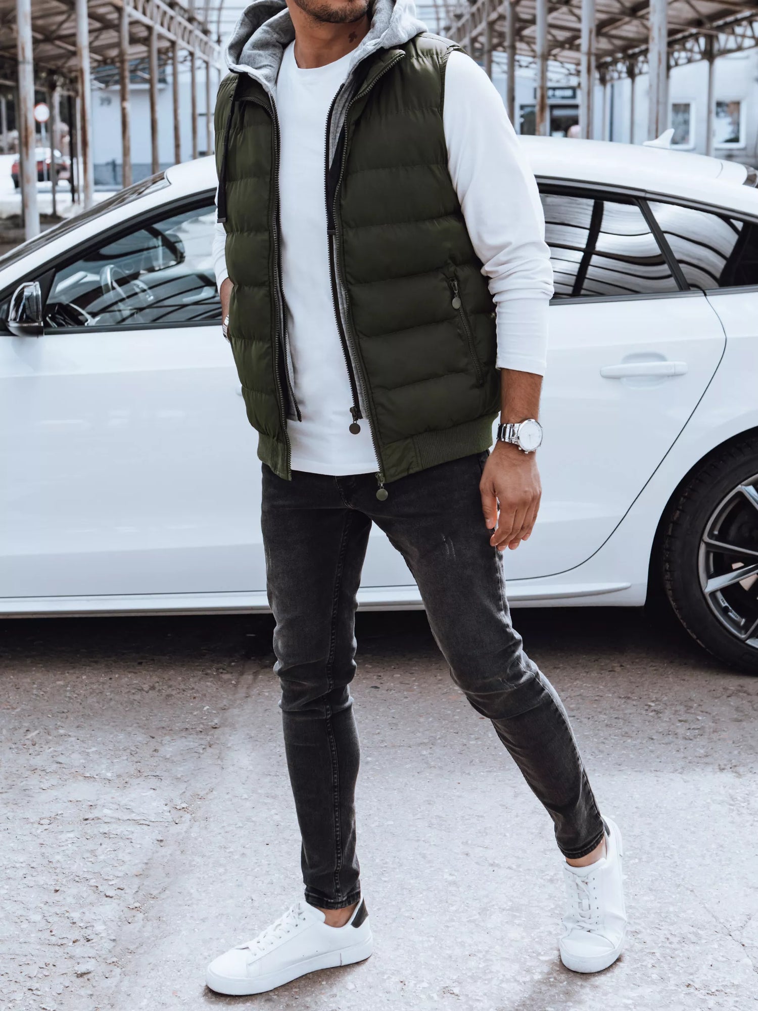 Men's quilted green hooded vest Tori