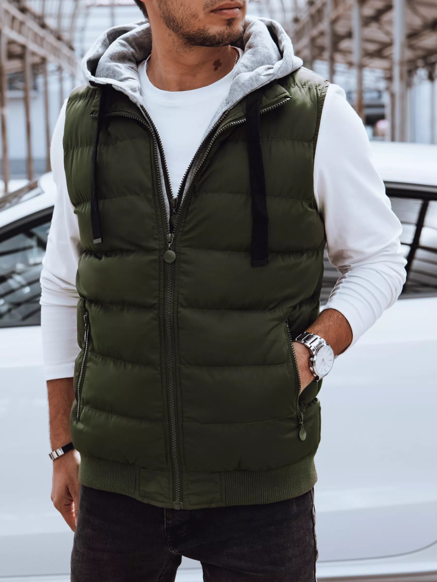 Men's quilted green hooded vest Tori