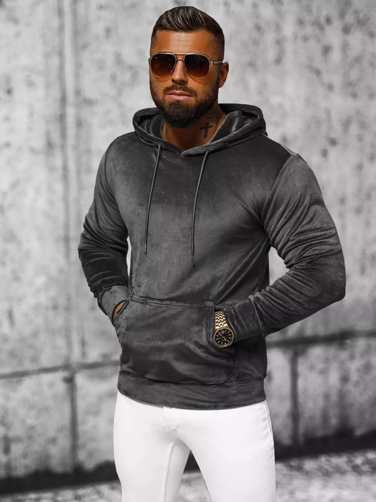 Men's dark gray velour hoodie