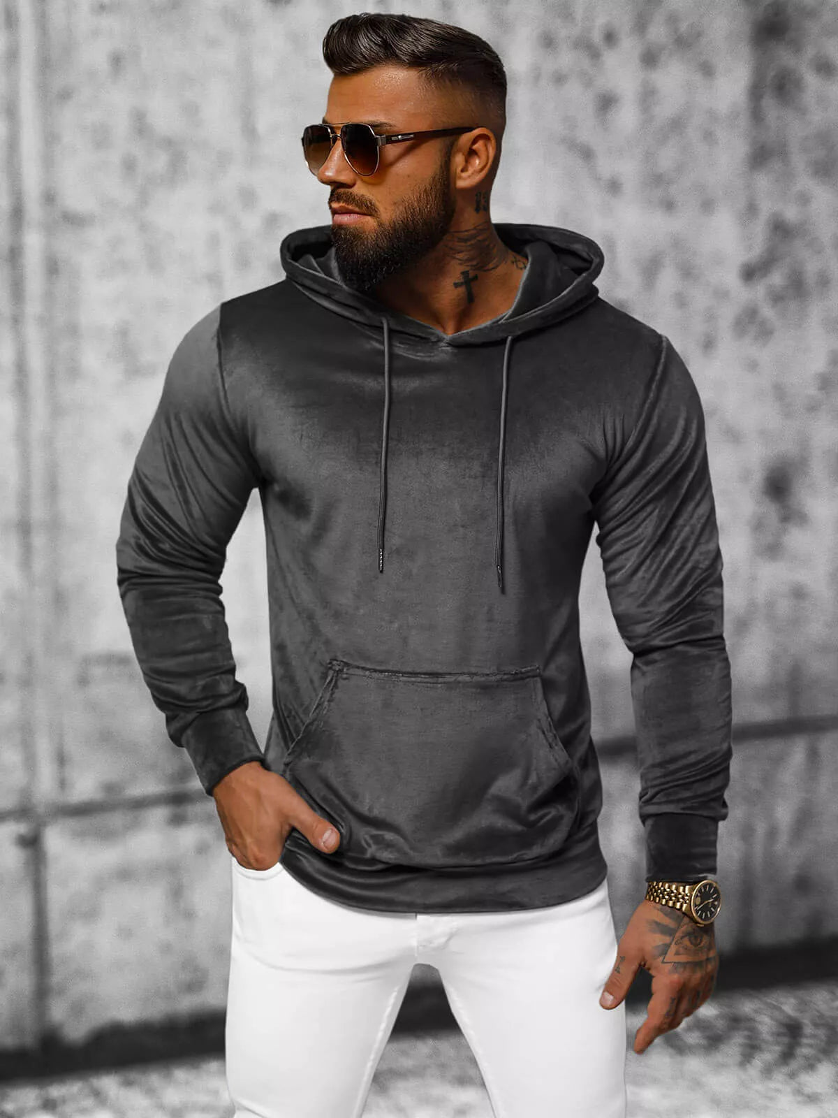 Men's dark gray velour hoodie