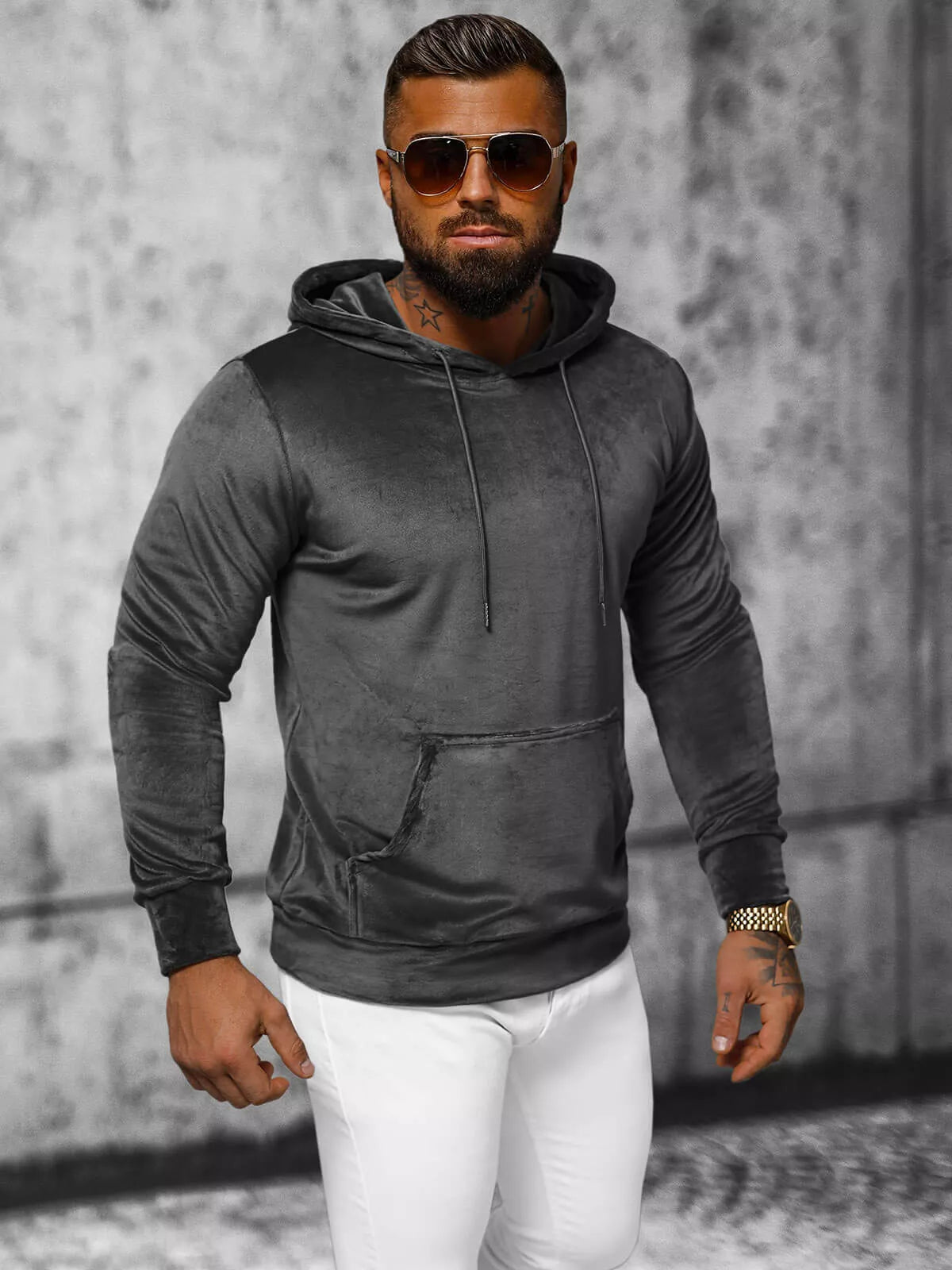 Men's dark gray velour hoodie
