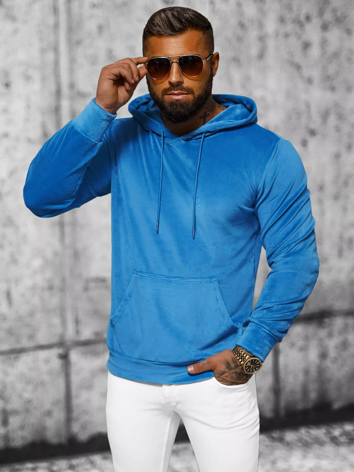 Men's blue velour hoodie
