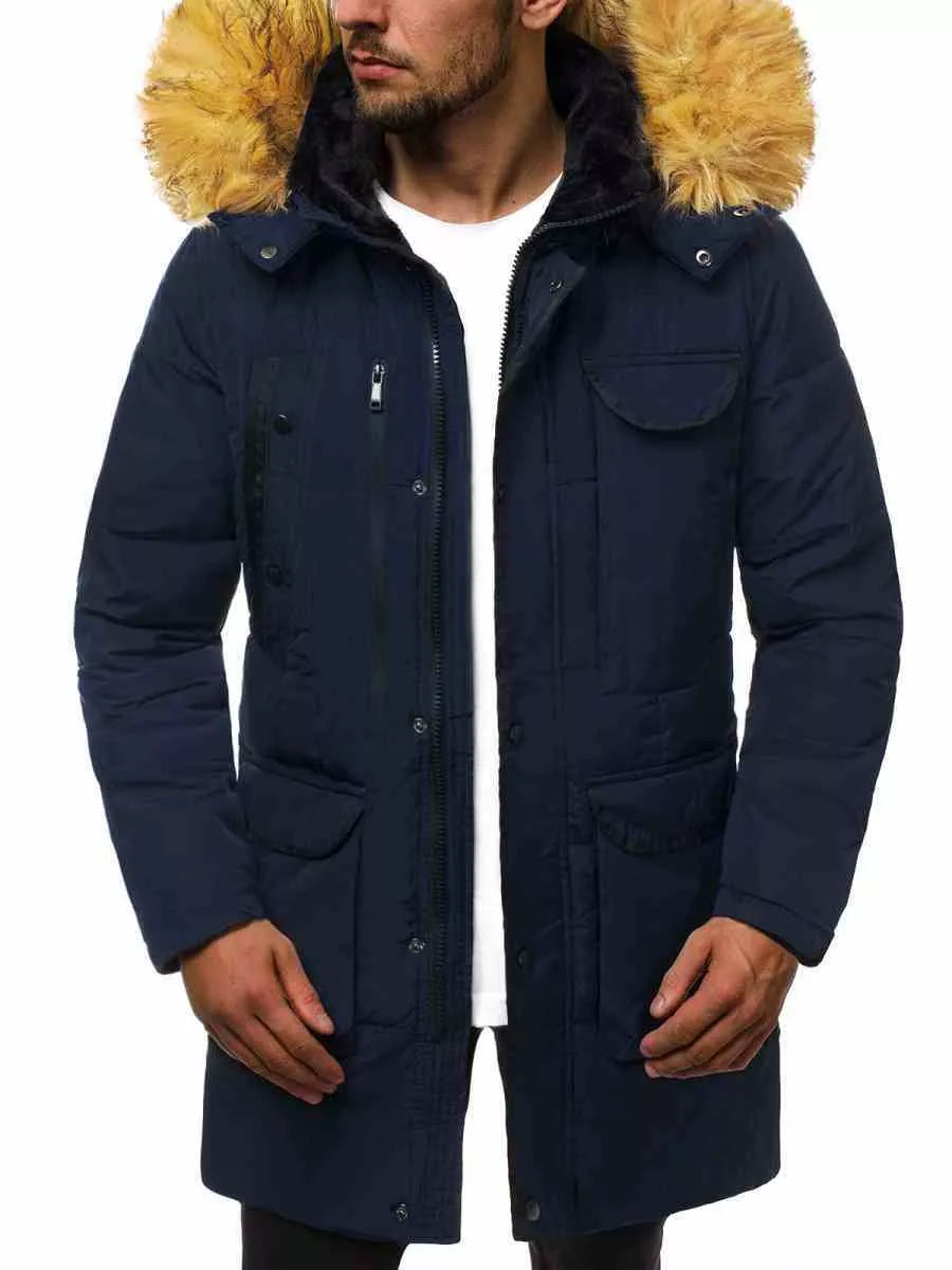 Men's dark blue winter jacket with fur hood Remal